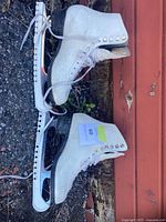 pair of white figure skates with guards attached