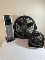 Front view showing two Honeywell fans and Bionaire heater