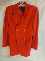 Full view of red Escada blazer front showing buttons, lapels and pockets