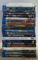 Front view of stacked Blu-ray cases showing titles on spines
