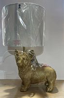 Front view of corgi lamp with shade wrapped in plastic