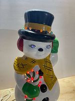 Front view of ceramic snowman showing hat, scarf and lights