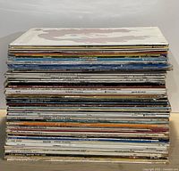 Full stack of vinyl records showing quantity and varied spine titles
