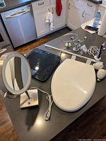 Group of bathroom accessories on countertop