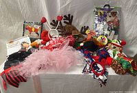 Full lot showing assorted dog costumes, hats, headbands, collars and packaging