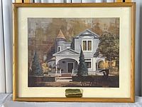 Full view of framed lithograph showing artwork, mat and wood frame