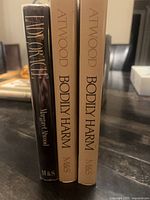 Spine view of three Margaret Atwood first-edition hardcovers