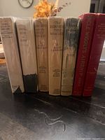 Spine view of all seven hardcover books standing together