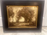 Full view of framed Corot print with black frame and gold liner