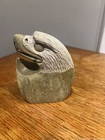 Front left view of soapstone eagle head showing carving details