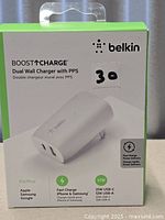 Front of sealed retail box showing Belkin Boost Charge 37W Dual Wall Charger
