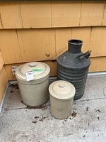 All three items grouped: large crock, small crock, metal milk canister