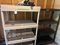 White/gray and black resin shelves side by side