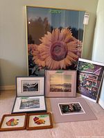 group shot of all seven artwork pieces showing sizes and frames