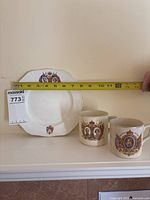 Plate and two mugs with tape measure showing plate diameter