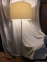 Full view of lamp illuminated showing shade and overall height