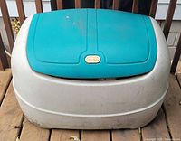 Closed chest showing teal lid and logo badge