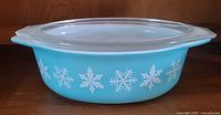 side view showing Snowflake motif on casserole with lid