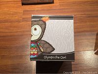Front side of the box showing illustrated owl and product name Olympia the Owl.