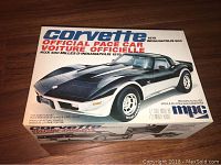 Photo showing the front and top of the sealed box labeled 'corvette official pace car 1978 Indianapolis 500' with image of the car in black and silver.