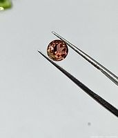 Front view of salmon round Tourmaline held in tweezers