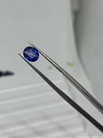 Blue oval sapphire held by tweezers showing size and color