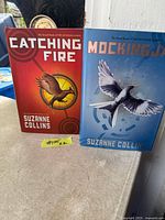 Front covers of Catching Fire and Mockingjay books standing side by side