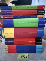 Stack of seven Harry Potter hardcovers showing coloured spines and titles