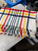 Folded plaid wool blanket showing fringe and colour bands