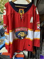 Front view of red Florida Panthers Adidas jersey with crest, number 16, and "A" patch