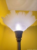 Full view of illuminated frosted glass shade showing leaf-form design