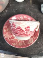 Teacup seated on saucer showing red scenic pattern