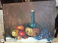 Front view of oil painting showing jug and fruit subject