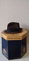 Hat resting on top of octagonal Biltmore hat box, front branding visible