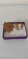 Brooch and earrings in box, front view