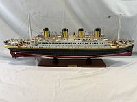 Starboard side view of full Titanic model on stand