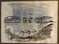 Full view of watercolor painting without frame showing harbor scene
