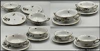All six bowls with saucers, overhead and side views