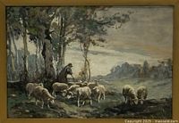 Close-up of painted scene showing shepherd and sheep