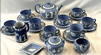 Full 21-piece Wedgwood Jasperware tea service laid out
