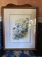 Front view of framed botanical print showing frame, mat, glass and artwork
