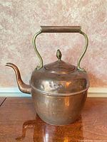 Front view showing copper kettle, spout, brass handle and lid finial