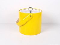 Front view showing yellow vinyl body, handle, lid and chrome ring