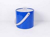 Front view of blue vinyl ice bucket with lid and handle
