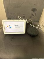 Google Nest Hub display and Google Home Mini speaker side by side, both powered on