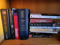 Shelf showing vertical row of Brisingr, King’s Gambit, Seconds, The Dark Tower VII
