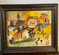 Framed abstract Raggedy Ann oil painting frontal view