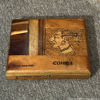 Top of Cohiba carved wooden cigar box with inlay and portrait