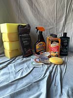 All cleaning supplies arranged together showing sponges, cloth, spray bottle, liquid cleaners, applicator pad and air fresheners