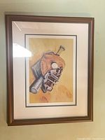 Full view of framed baseball print under glass